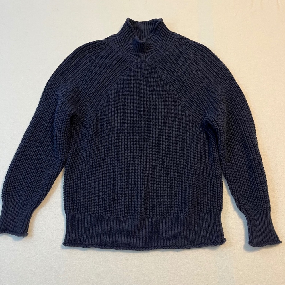 J.Crew Roll Neck Sweater M Navy 100% Cotton Chunky Ribbed Mock Classic M4654